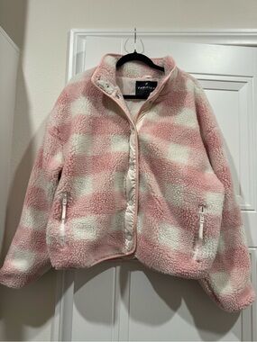Fabletics Pink & White Check Sherpa Jacket